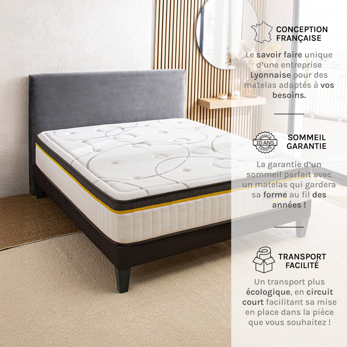 BELLECOUR LITERIE Matelas Ressorts Bellecour 3.0 90x190 cm Accueil Mémoire de forme blanc, BELLECOUR