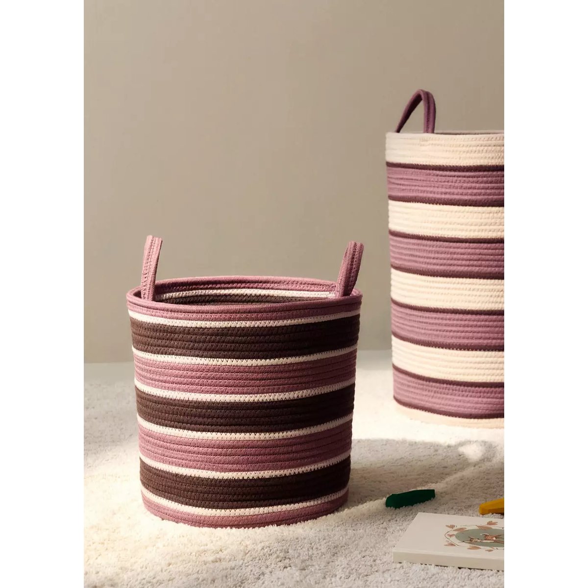 Panier en coton poignées rayées rose pastel, MANGO HOME
