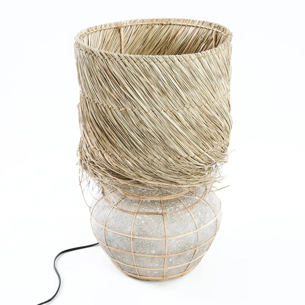 Lampe de table en terre cuite et herbe LIPSI béton naturel, BAZAR BIZAR