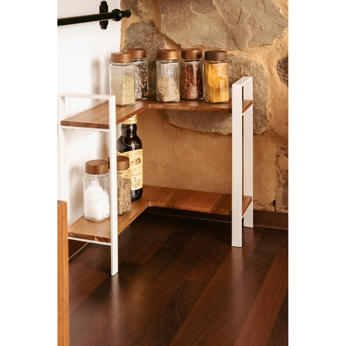 Etagère d'angle de cuisine, 2 niveaux LOUISA blanc et bois, WENKO