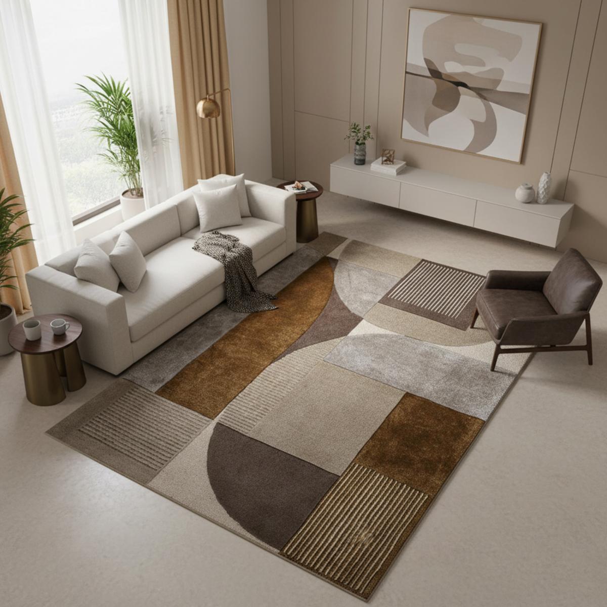 Tapis chambre GABIO fait main en laine et viscose, motif contemporain crème, marron, taupe, UN AMOUR DE TAPIS