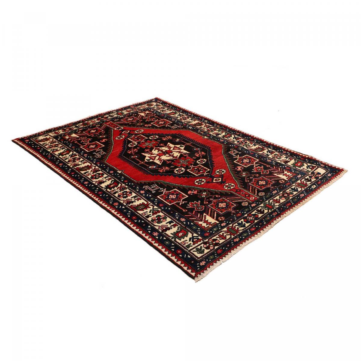 Tapis d'orient oriental, noué main en laine, HAMADAN 27 rouge, crème, noir, UN AMOUR DE TAPIS