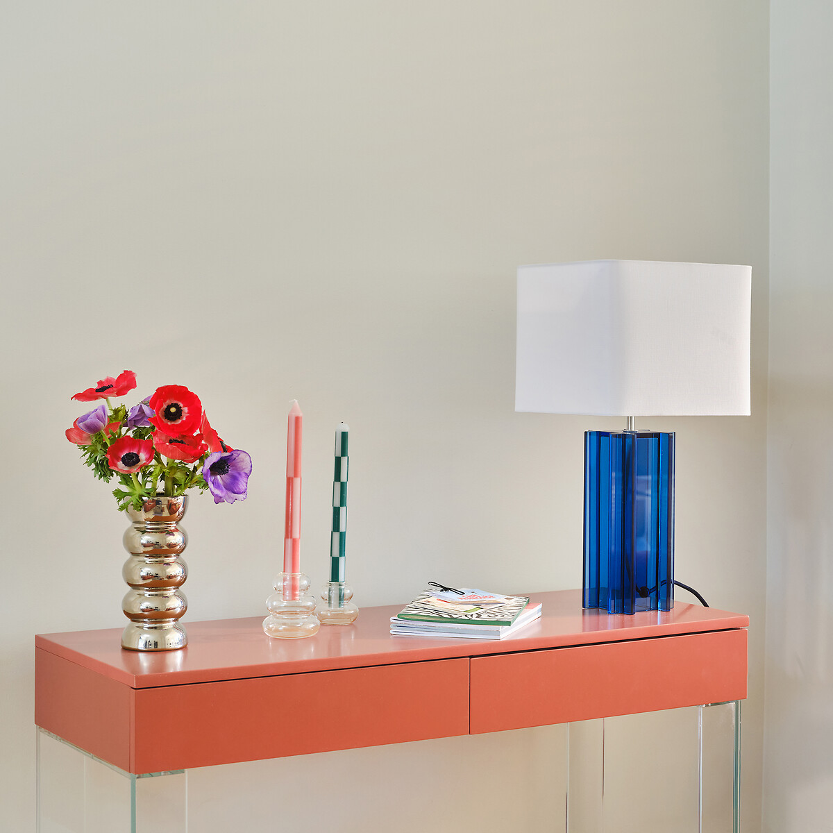 Bimo Table Lamp in Colourful Glass and Linen blue, LA REDOUTE INTERIEURS