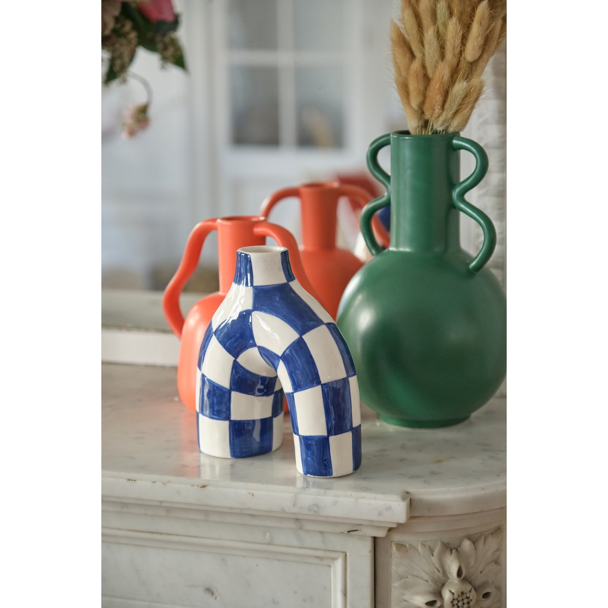 Vase art moderne à damier - PHOENIX bleu, POTIRON PARIS