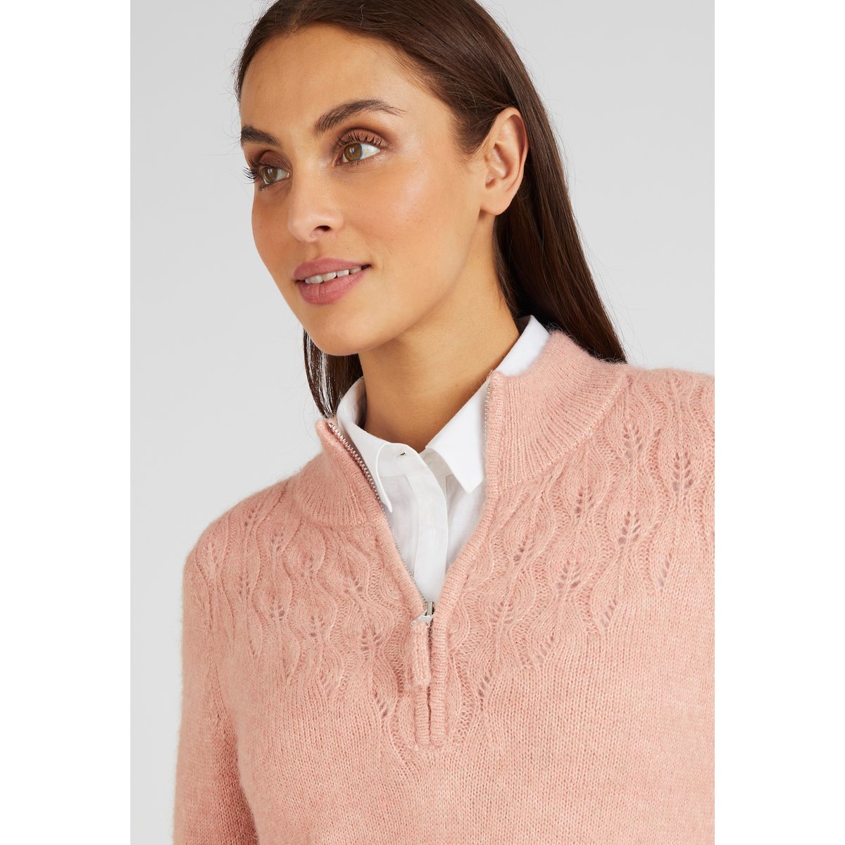 Pull col zippé mélange alpaga rose chiné, DAMART