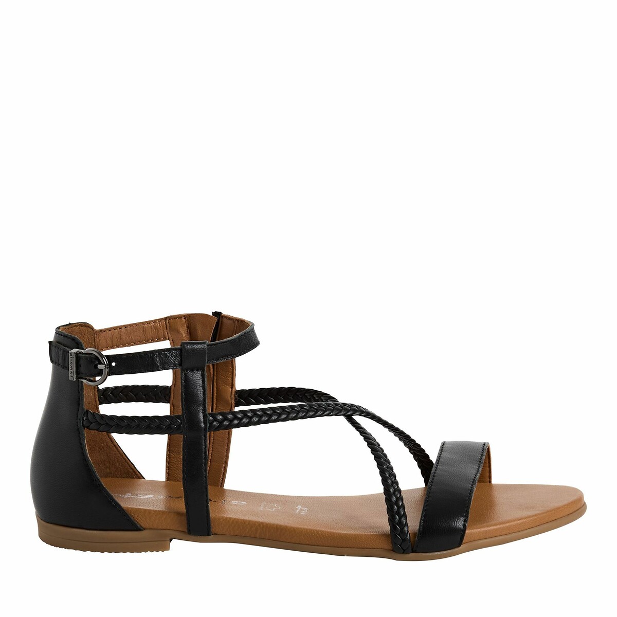 Sandales en cuir talon plat noir, TAMARIS