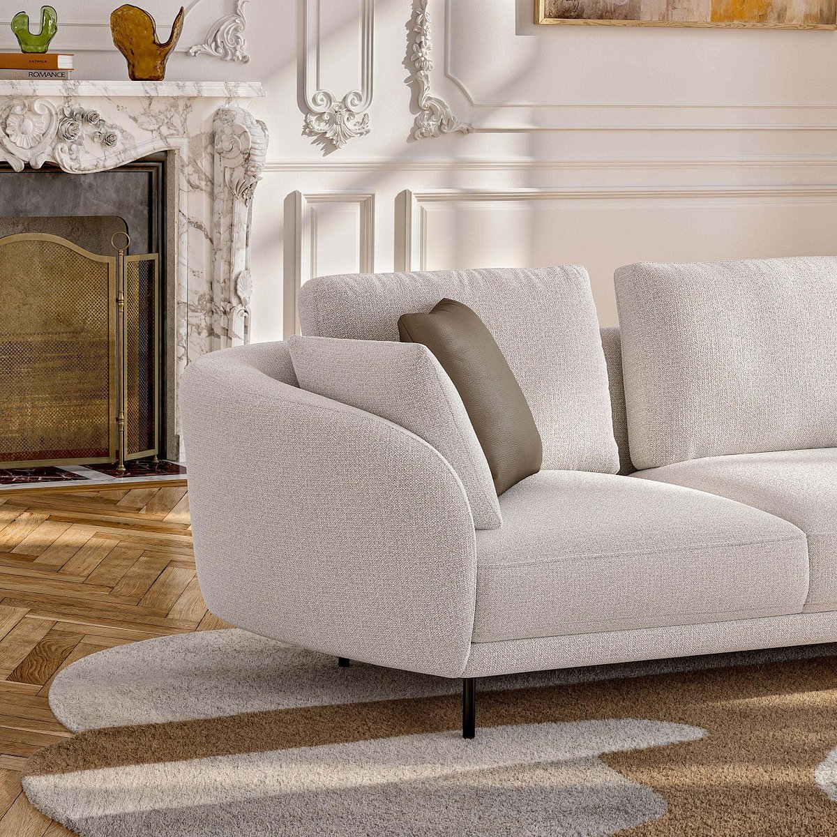 Canapé d'angle droit déhoussable en tissu et dossier garni de plumes VELIA beige, HABITAT
