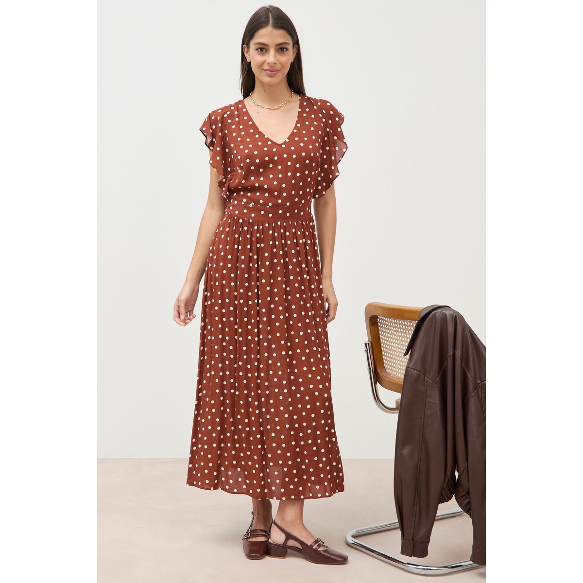 Robe longue évasée col v manches courtes marron cognac, BONOBO