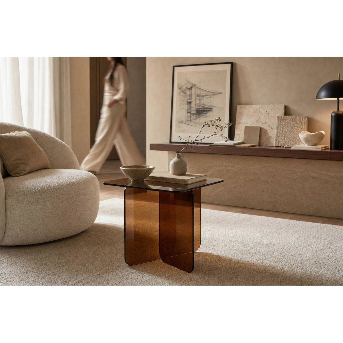 Table d'appoint carrée en verre contemporaine ambre, RECOLLECTION