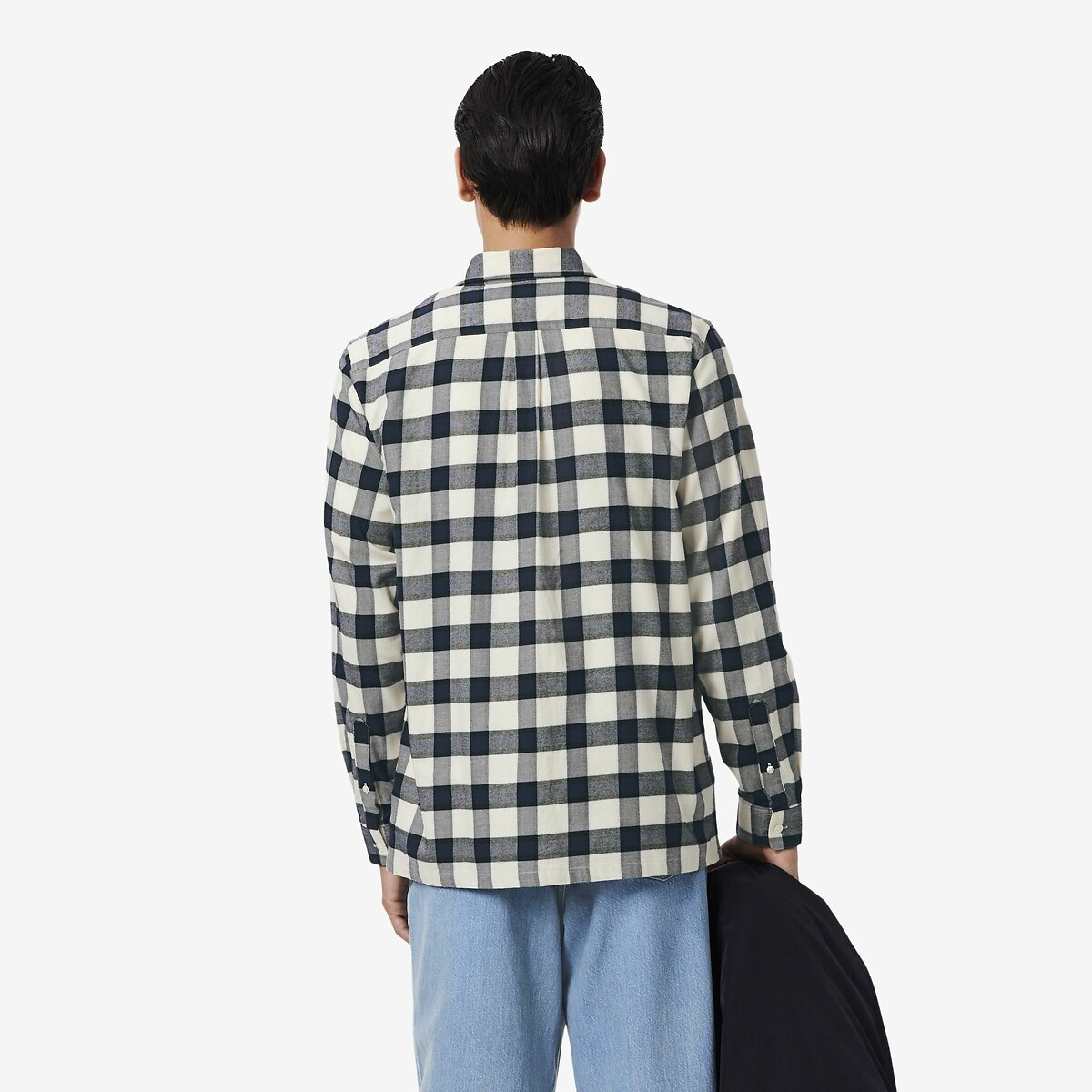 Chemise regular fit en cotton gratté ecru/marine, LACOSTE