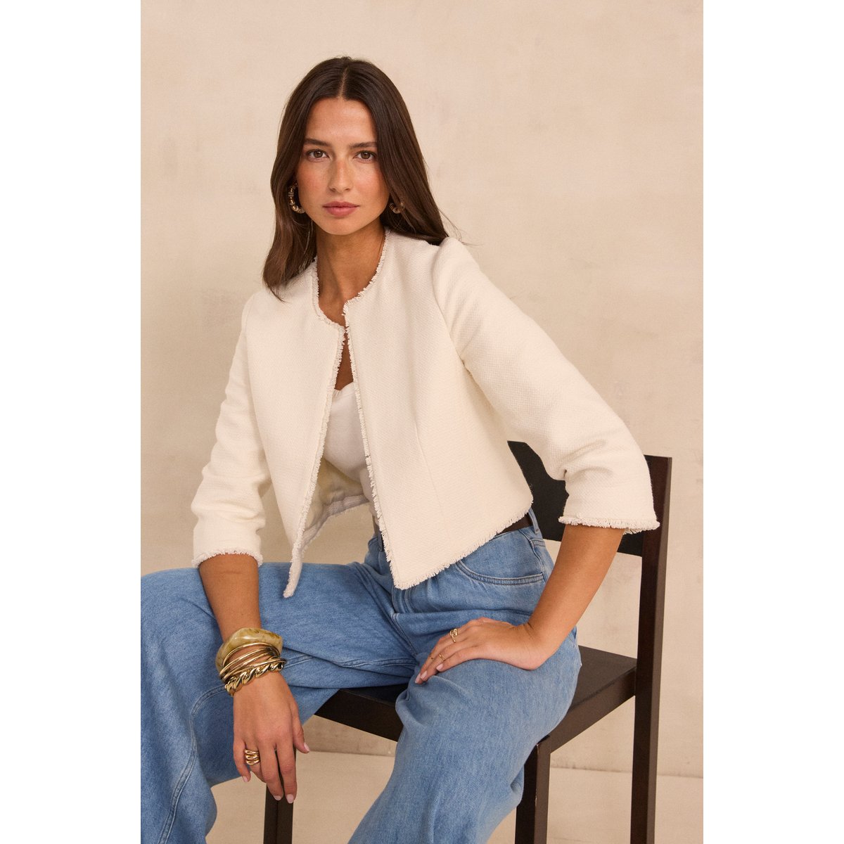 Veste à manches 3/4 tweed en coton mélangé VALIE ecru, Maison 123