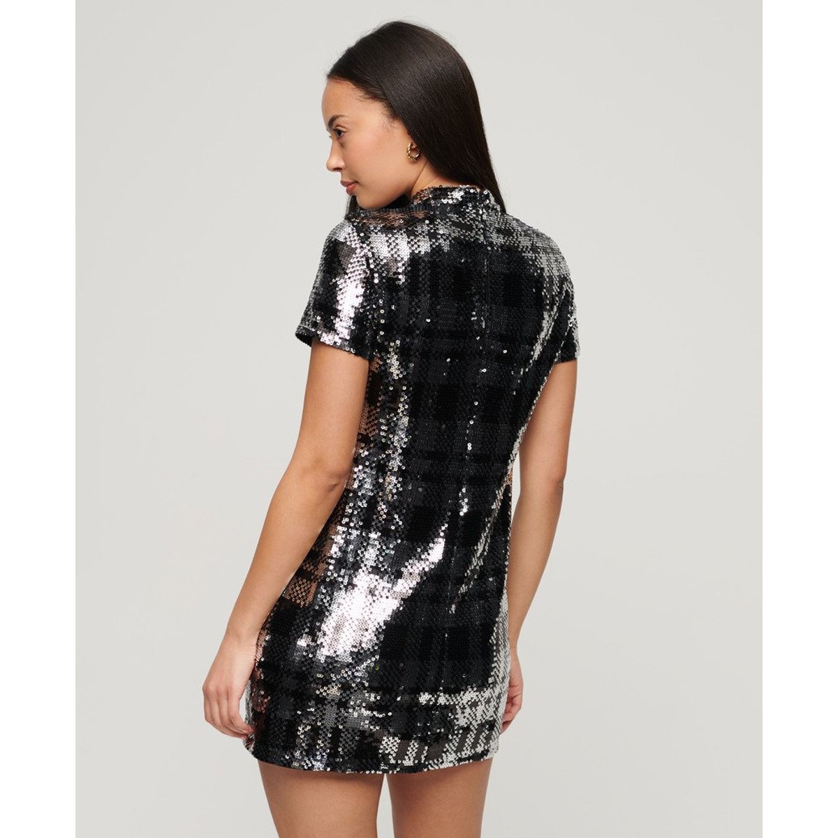 Robe t-shirt à sequins et col montant sequins en damier, SUPERDRY