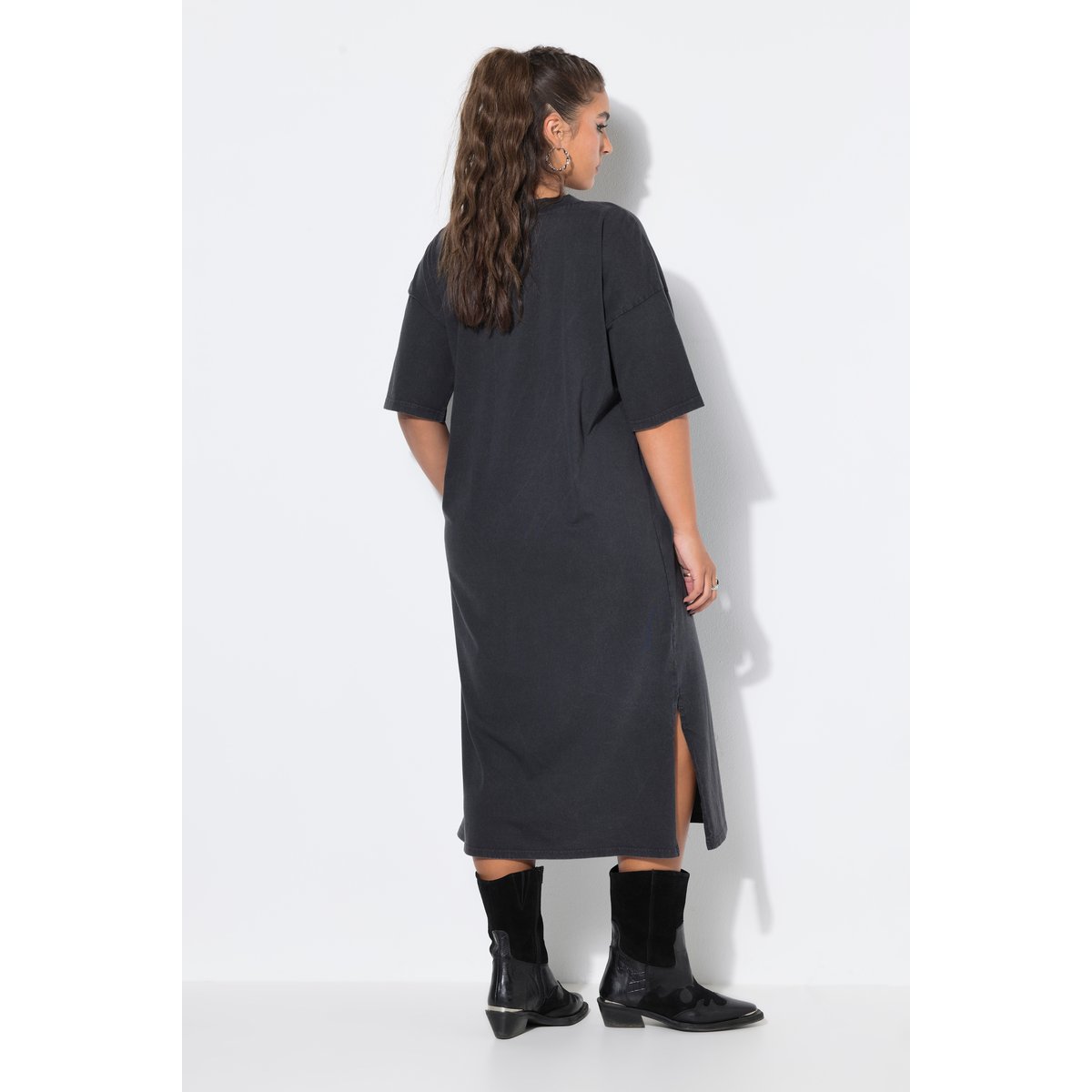 Robe midi en jersey, coupe trapèze chiné anthracite, STUDIO UNTOLD
