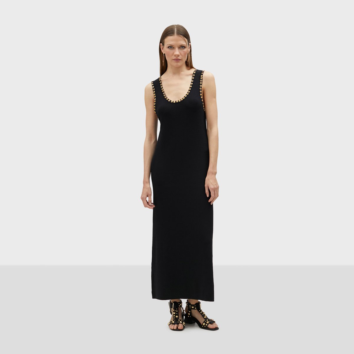 Robe longue moulantes avec œillets métalliques décoratifs noir, LOLA CASADEMUNT