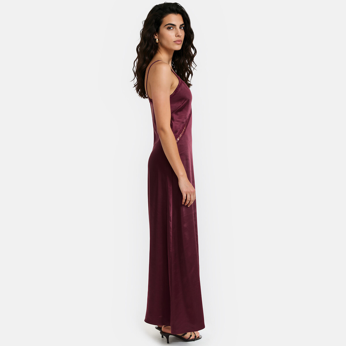 Vestido comprido de cetim com alças finas e renda bordeaux, LA REDOUTE COLLECTIONS