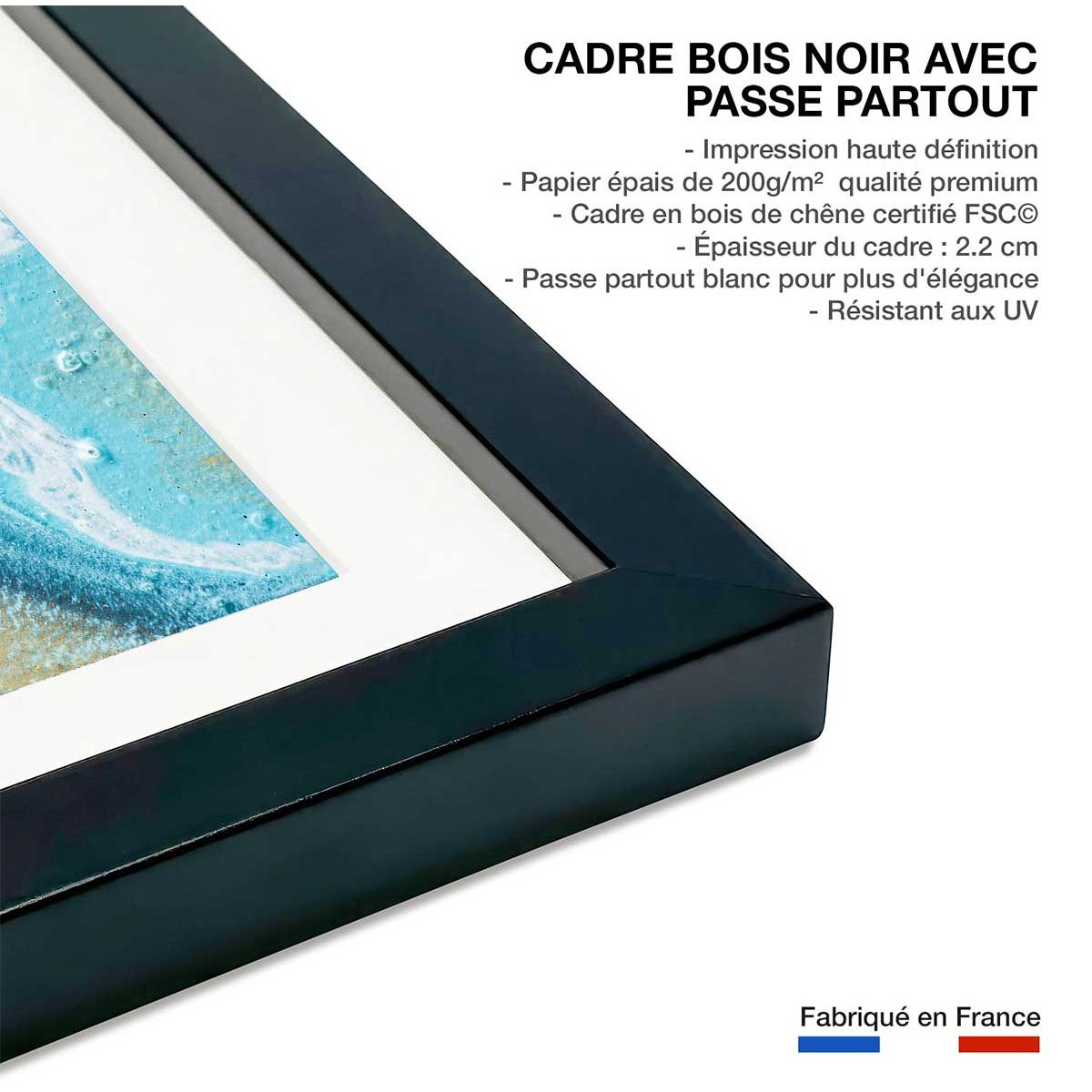 Affiche abstraite blue paint bubble affiche + cadre en bois - noir, HEXOA