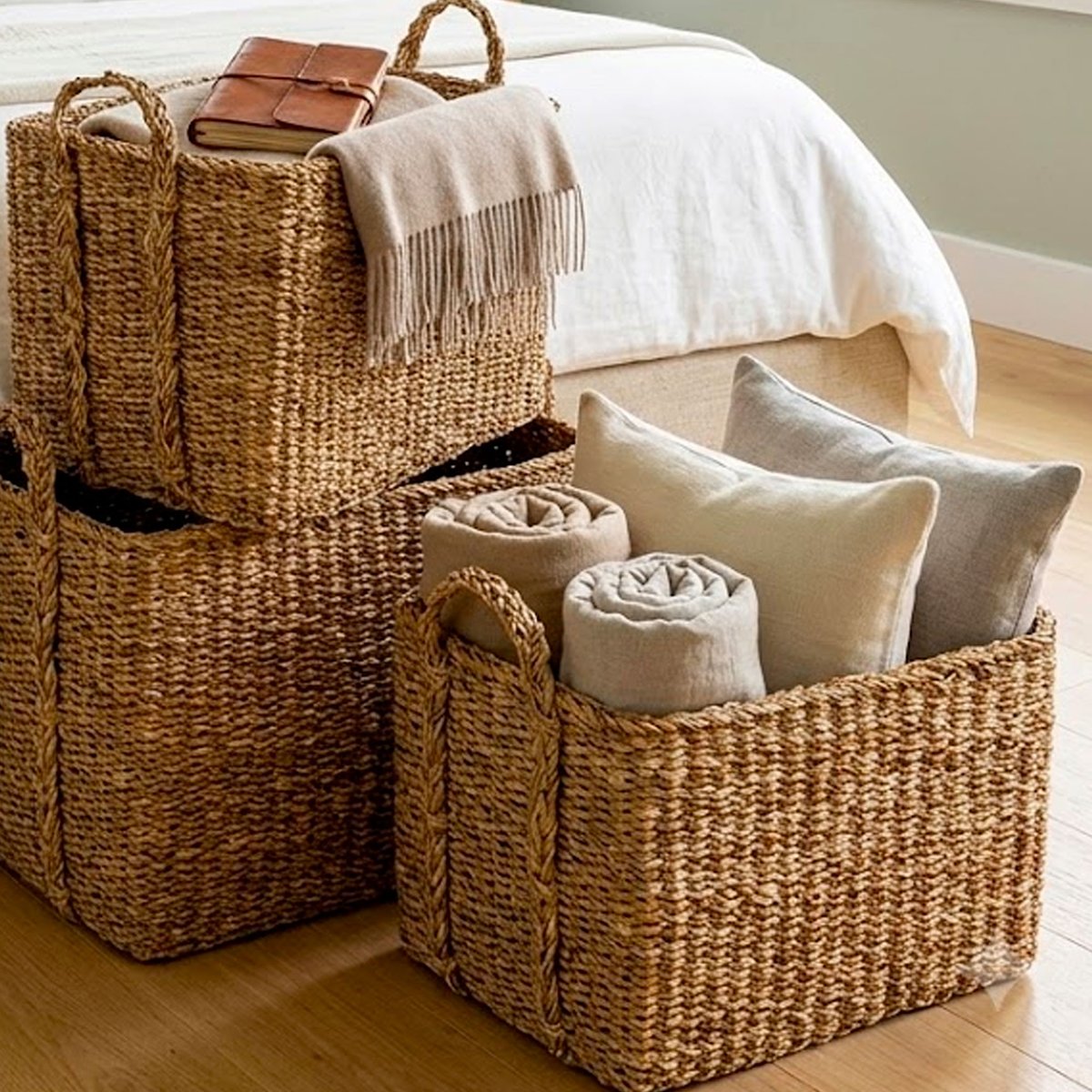 Set de 3 paniers rectangulaires tressés en jacinthe d'eau 45x35x35cm bois, WADIGA