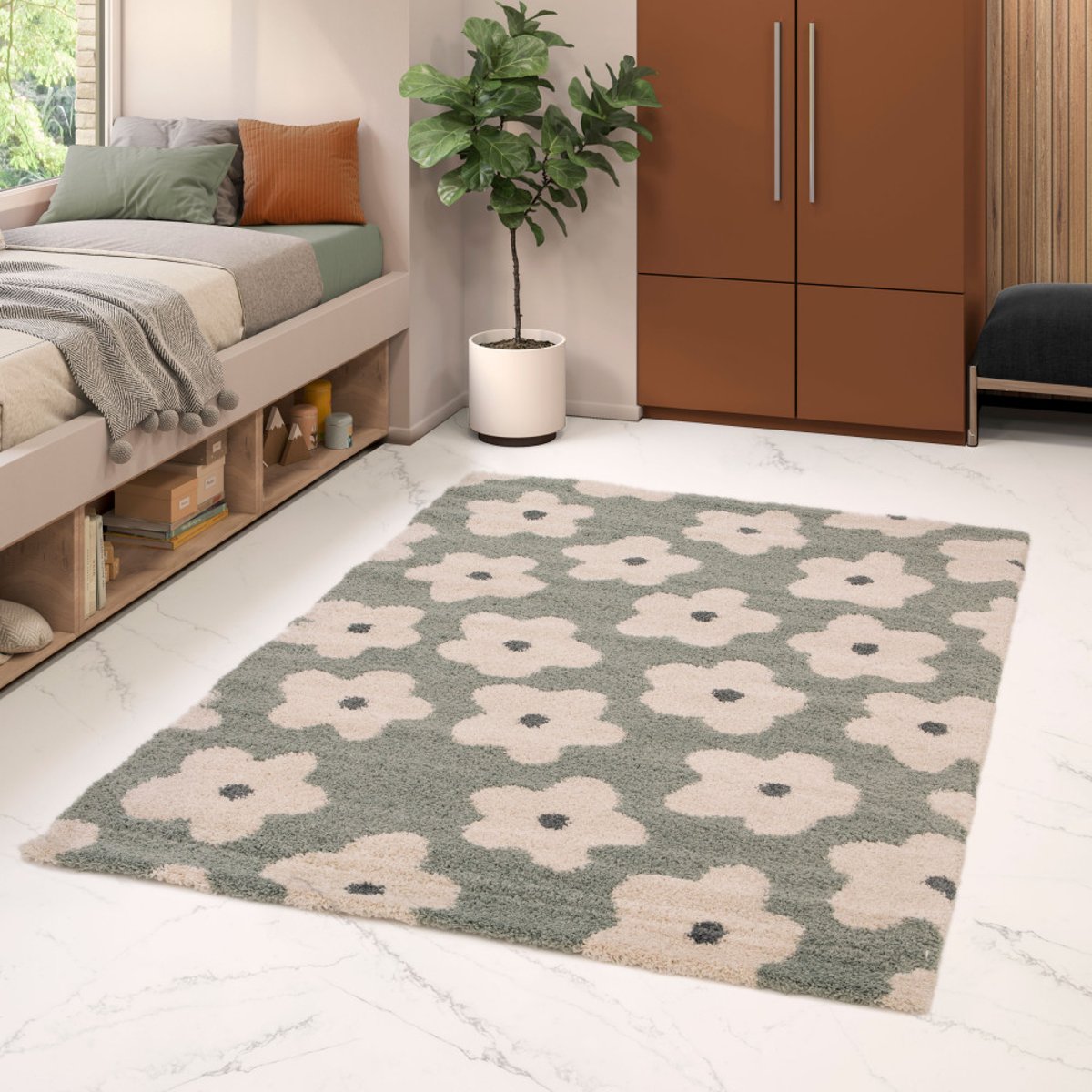 Tapis contemporain à motif floral- FLORA II vert de gris, DRAWER
