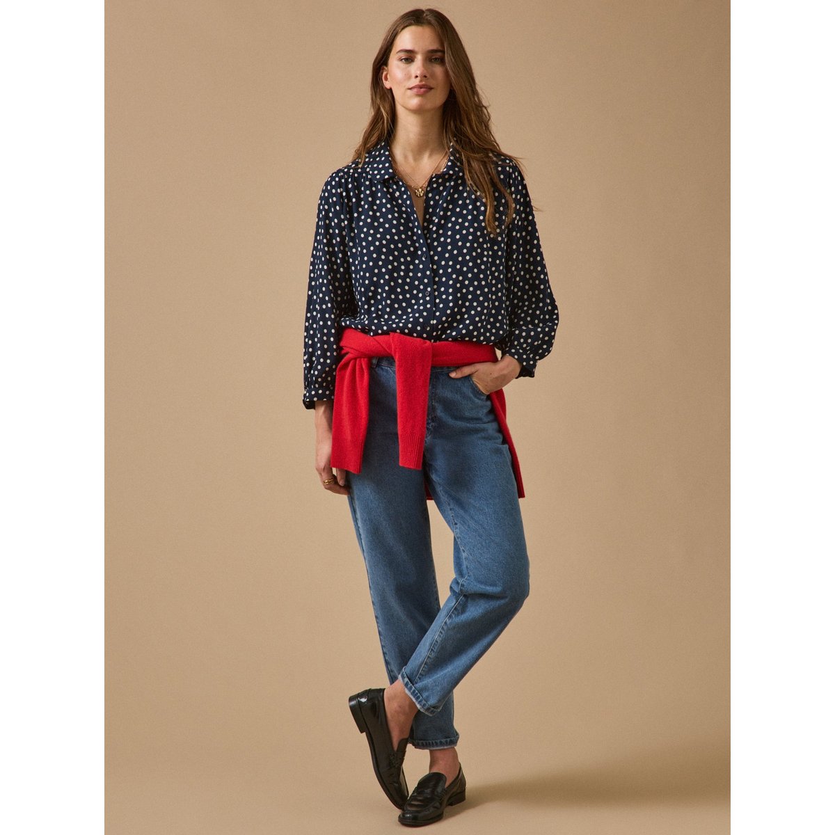 Chemise  imprimé pois pois ecru fond encre, CYRILLUS