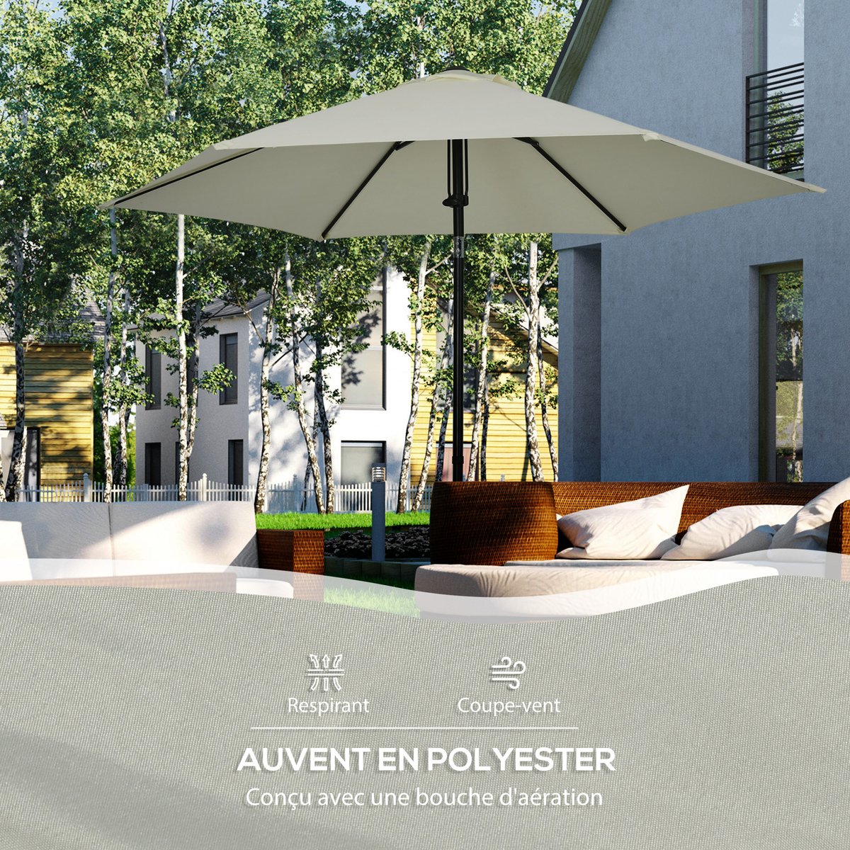 Parasol inclinable octogonal Ø 2,65 x 2,35H m métal polyester gris clair gris, OUTSUNNY