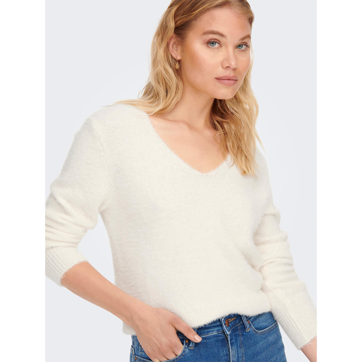 Pull col V, maille mousseuse blanc, ONLY