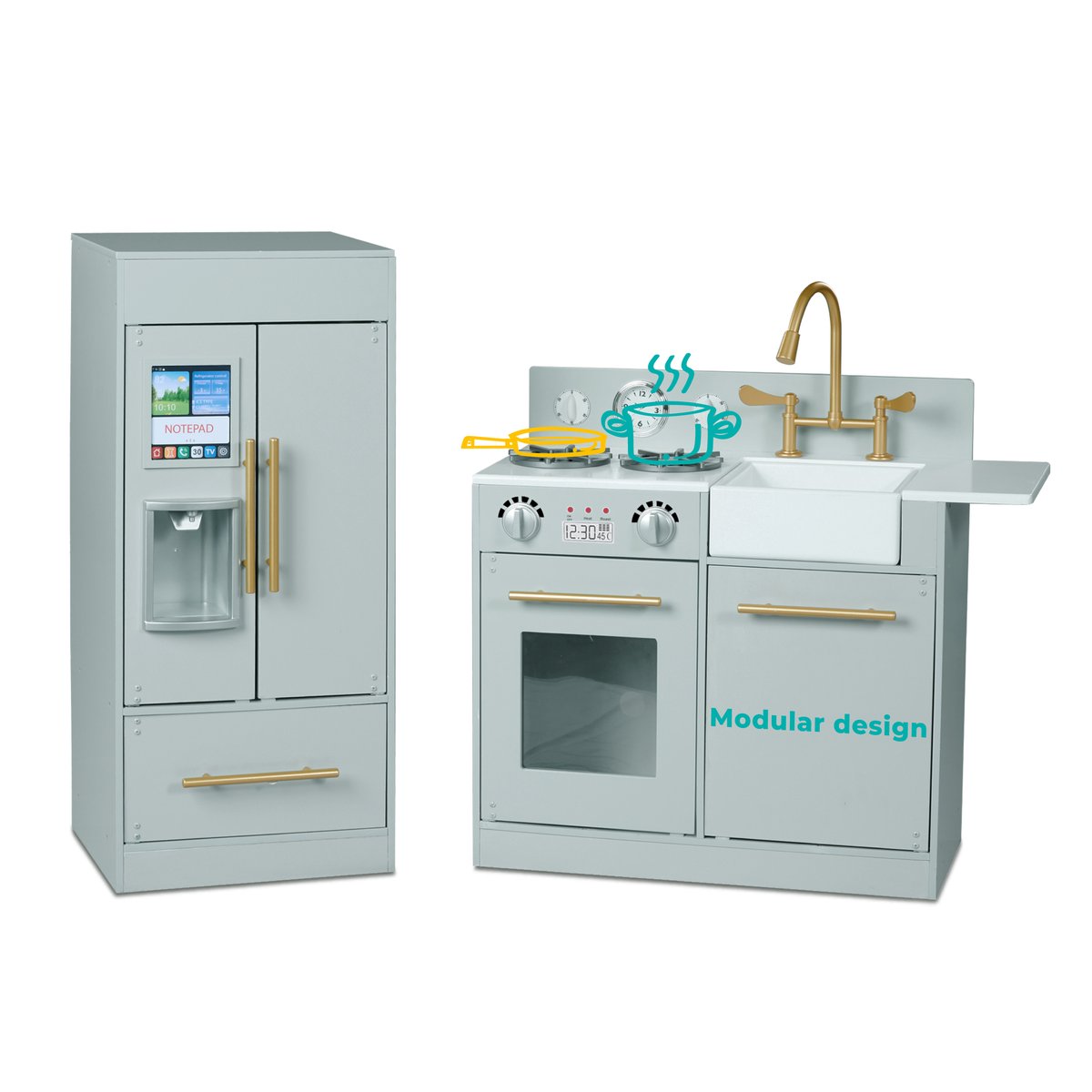 Cuisine Enfant avec évier, four, frigo et jeux, Bois, LITTLE CHEF gris, TEAMSON KIDS