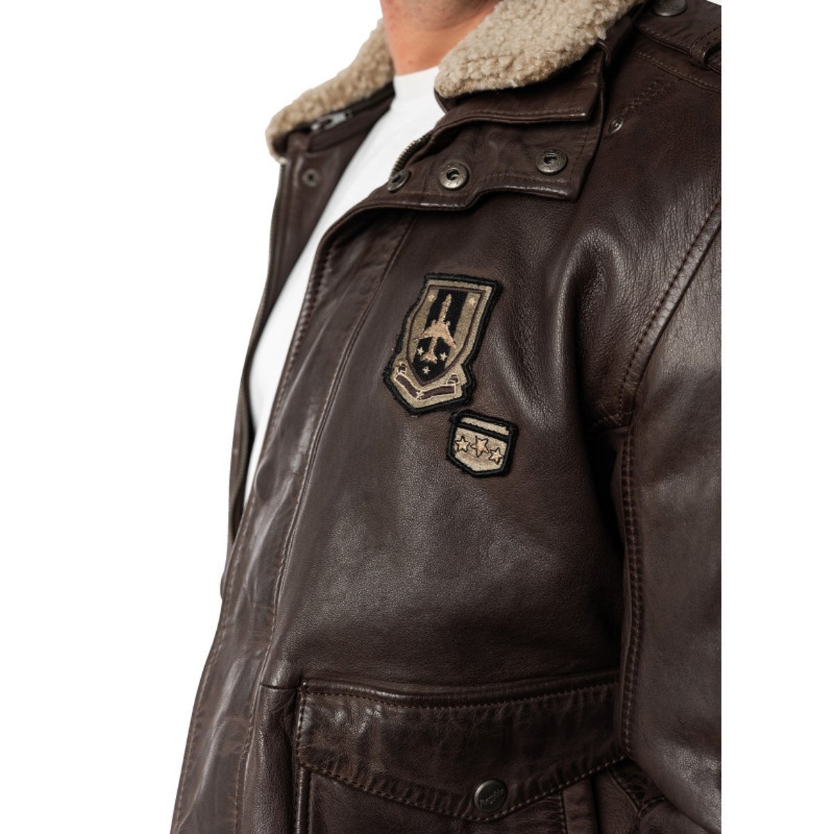Blouson en cuir de mouton brun uni avec une coupe droite et un col à revers brun, GIPSY