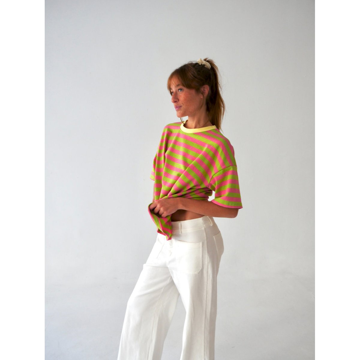 T-shirt rayé manches courtes NUNU vert / rose, MINDTRAVELER