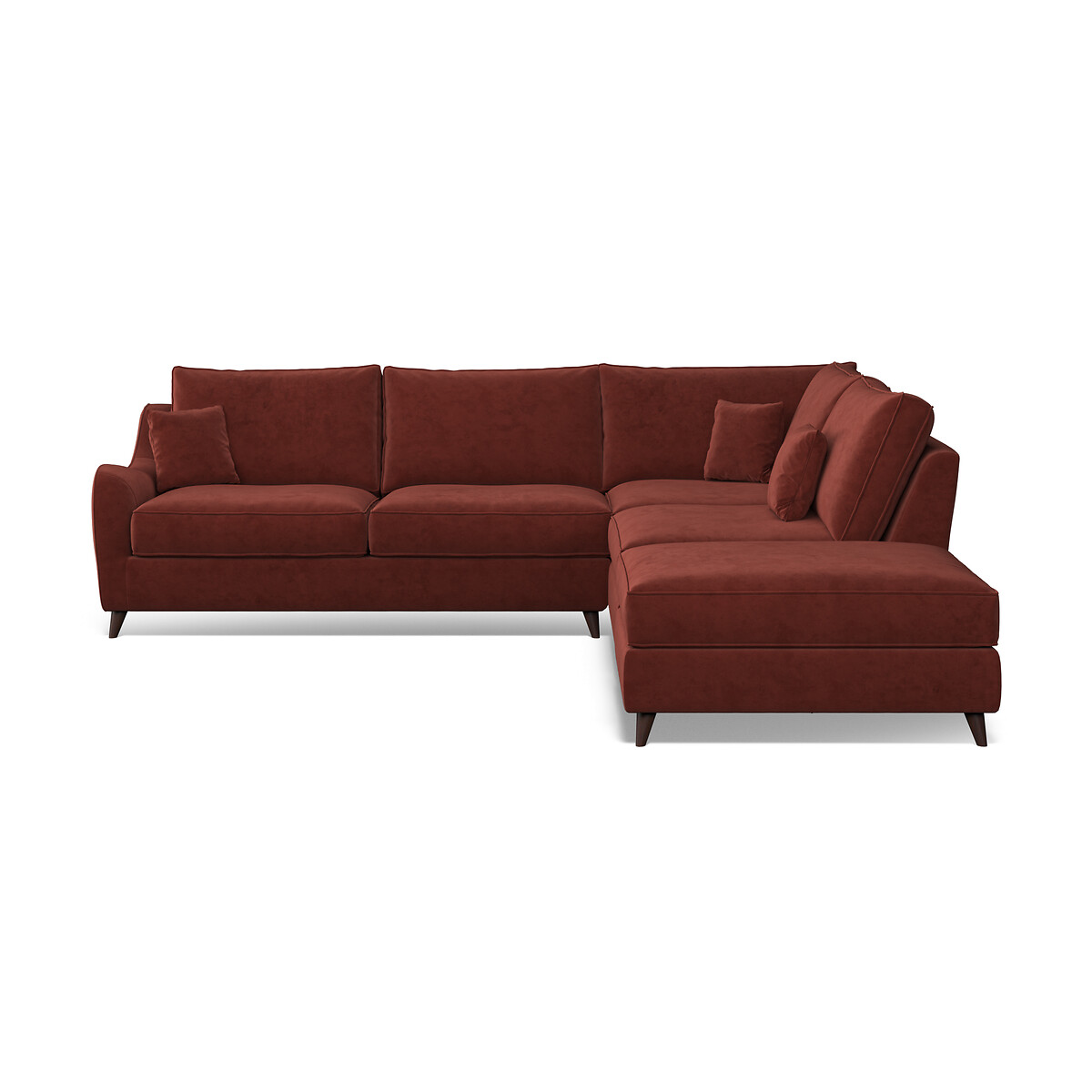 Amelia Velvet Corner Sofa & Modular Footstool Set with Dark Wood Legs (Right Facing) burgundy, ÉDITÉ