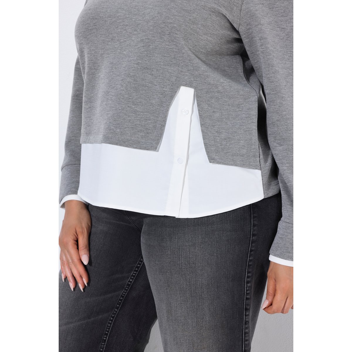 Sweat-shirt avec empiècement chemisier chiné gris moyen, ULLA POPKEN