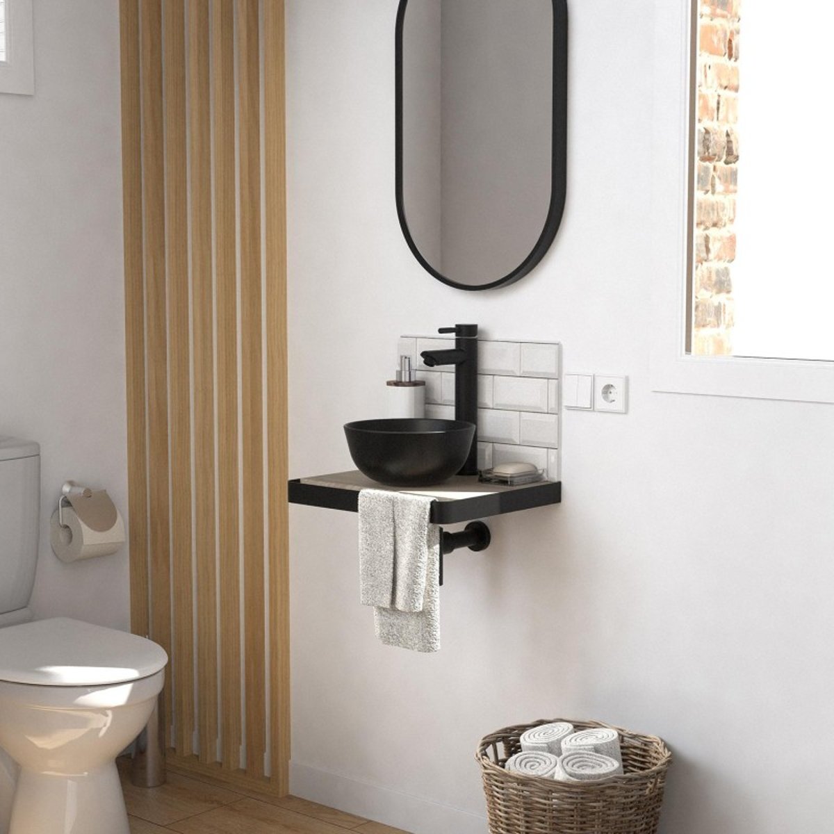 Lave-mains plan fin + vasque + miroir SOHO décor chêne, MOB IN
