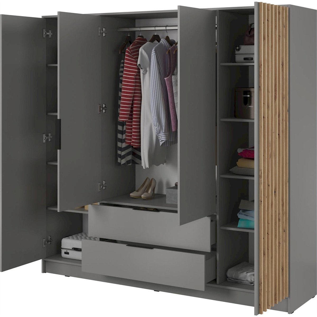 Armoire 4 portes à lames collection KARETTE gris et bois clair, RECOLLECTION