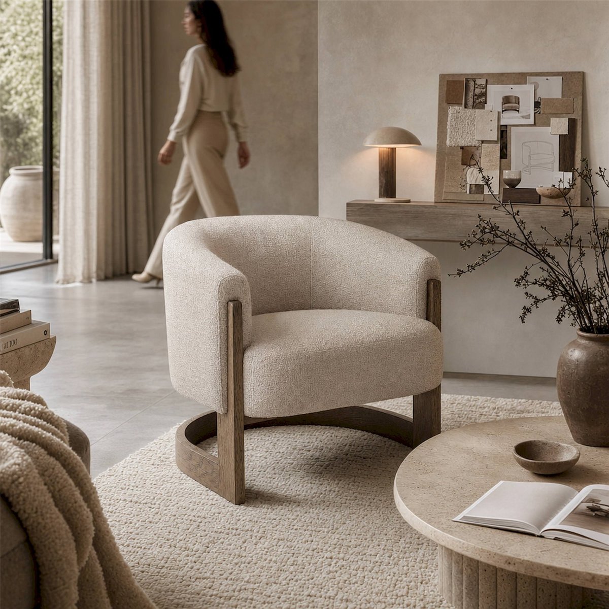 Fauteuil contemporain en frêne massif beige taupe et bois naturel, RECOLLECTION