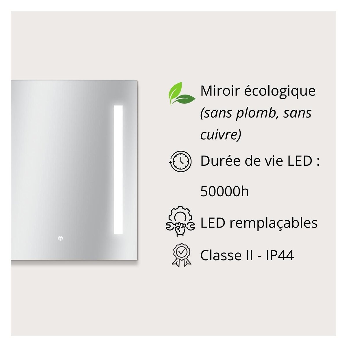 Miroir LED rectangulaire L60/80cm éclairage latéral LUMENA couleur unique, MOB IN