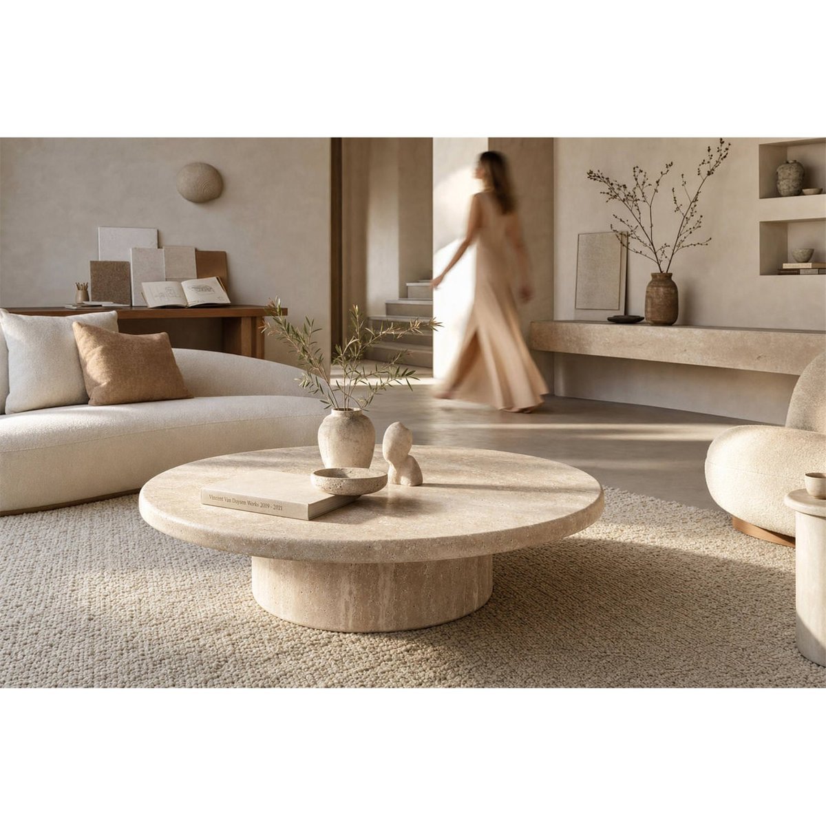 Table basse ronde en marbre travertin naturel, RECOLLECTION
