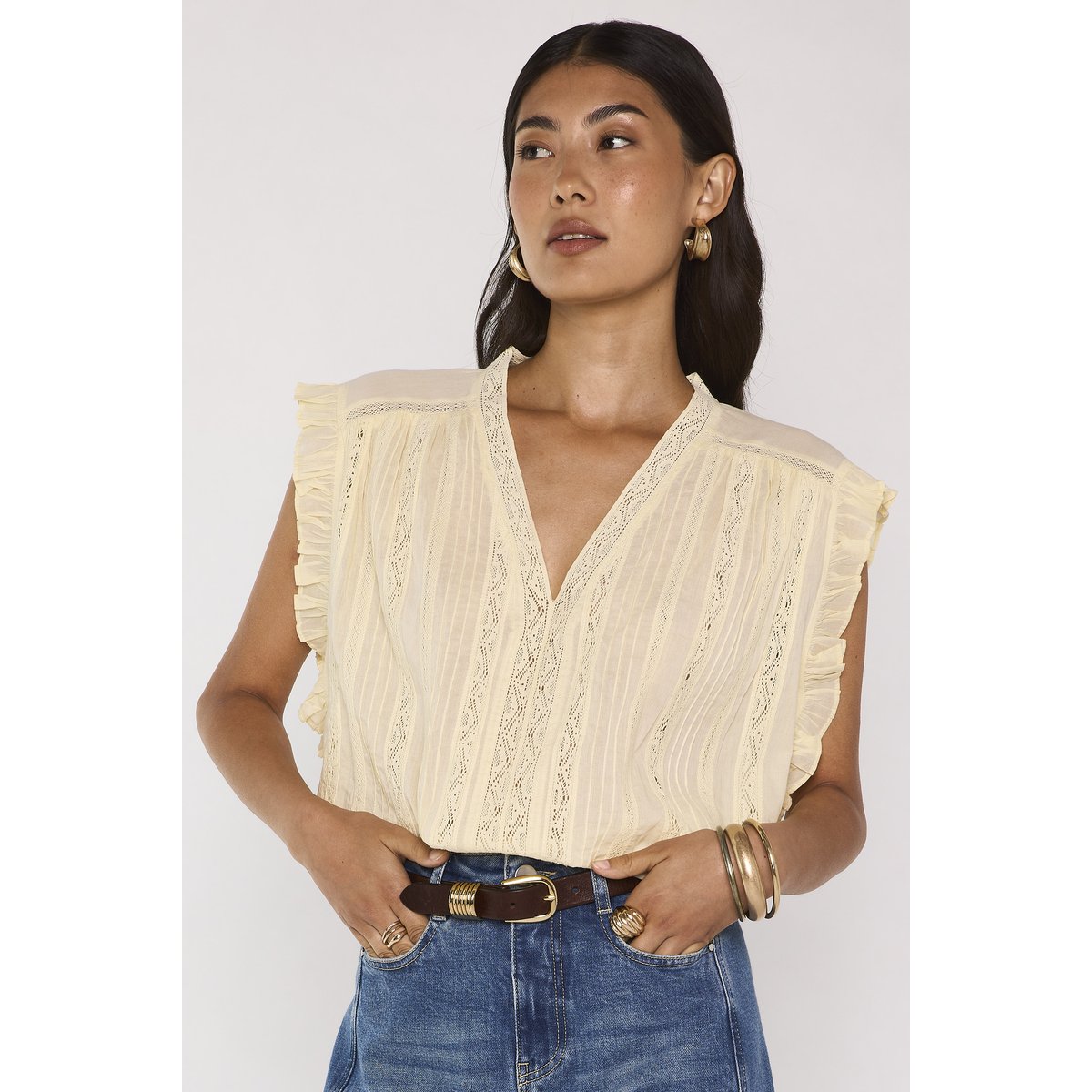 Blouse brodée sans manches en coton MARA paille, Maison 123