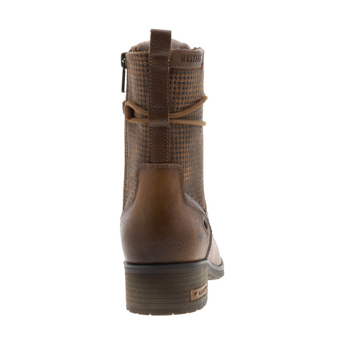 Bottines beiges à talon décroché bas avec un zip et des lacets ronds cognac, MUSTANG