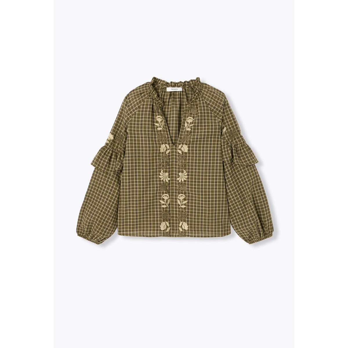 Blouse brodée à volants carreaux marine, PROMOD