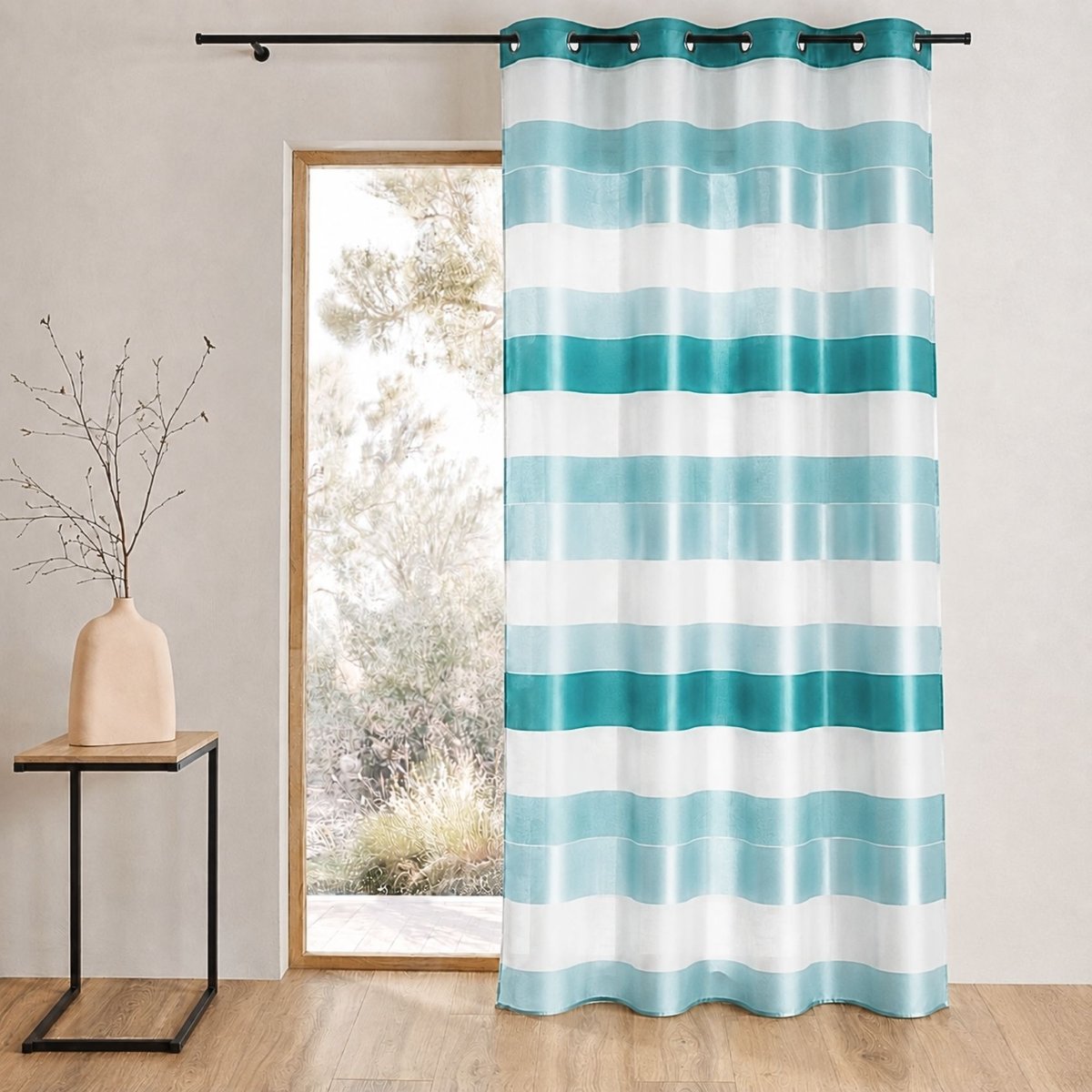 Voilage à rayures horizontales tissées et bandes en satin bleu azur, HOME MAISON
