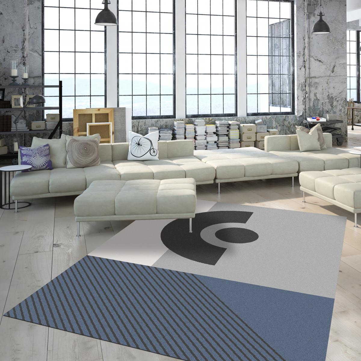 Tapis salon et chambre tissé motif géométrique ELAK gris, bleu, noir, UN AMOUR DE TAPIS