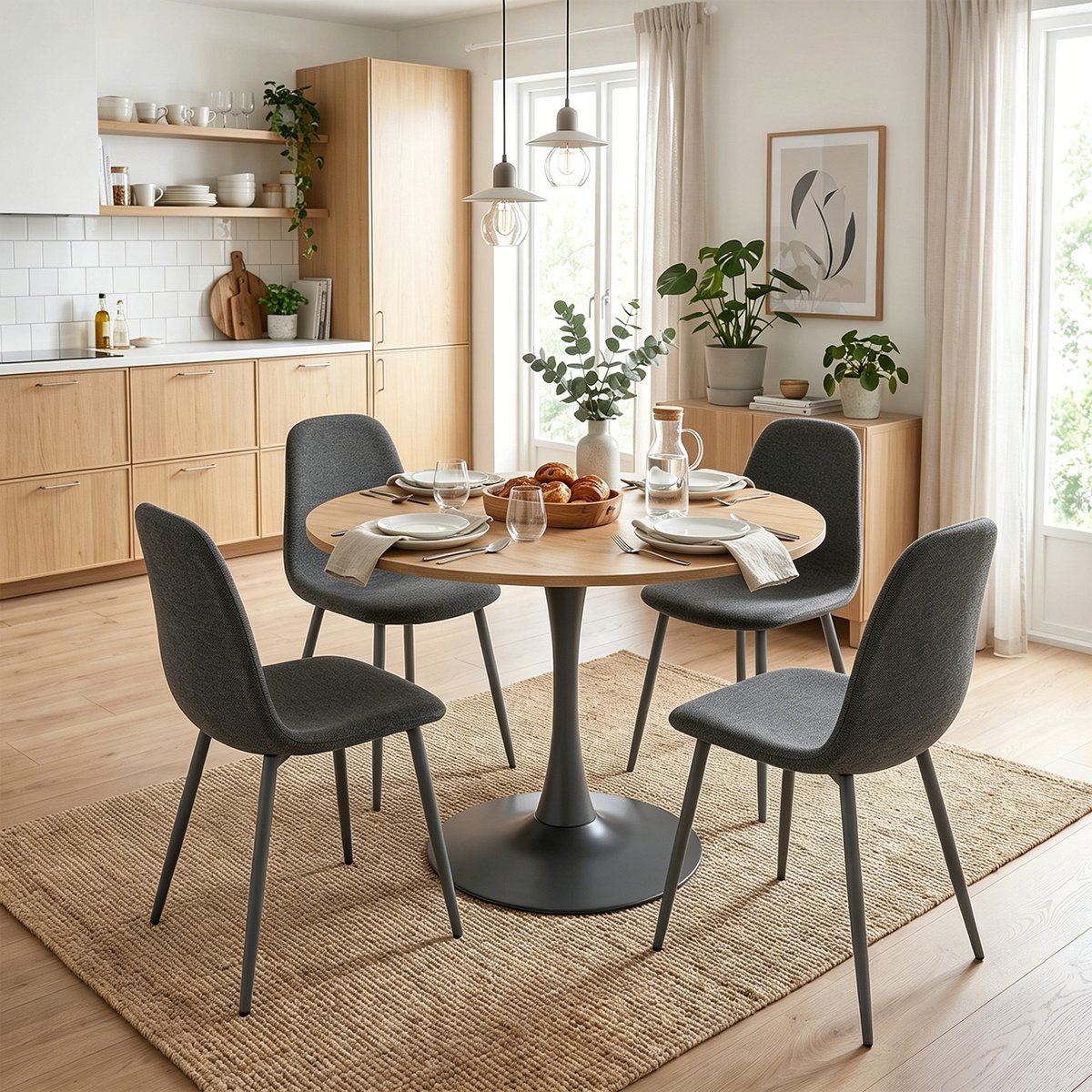 Ensemble de table à manger ronde avec 4 chaises, CLIFTOCHARLTON gris foncé, MEUBLES COSY