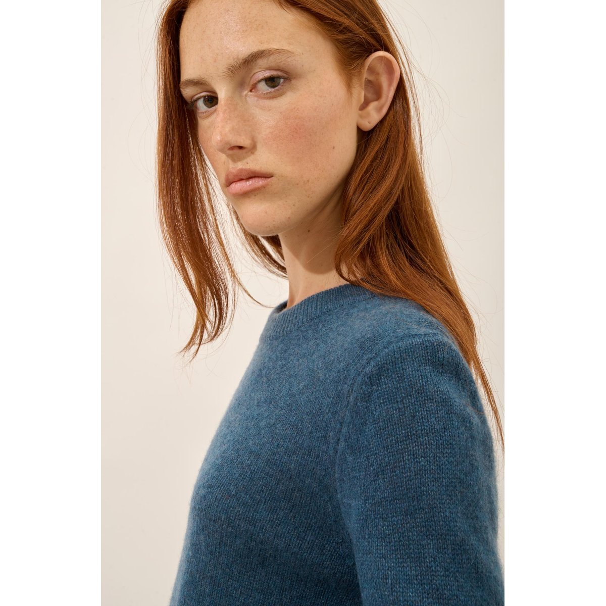 Pull Col Rond 4 Fils Vert Canard Chiné Lexini bleu foncé, JUST CASHMERE