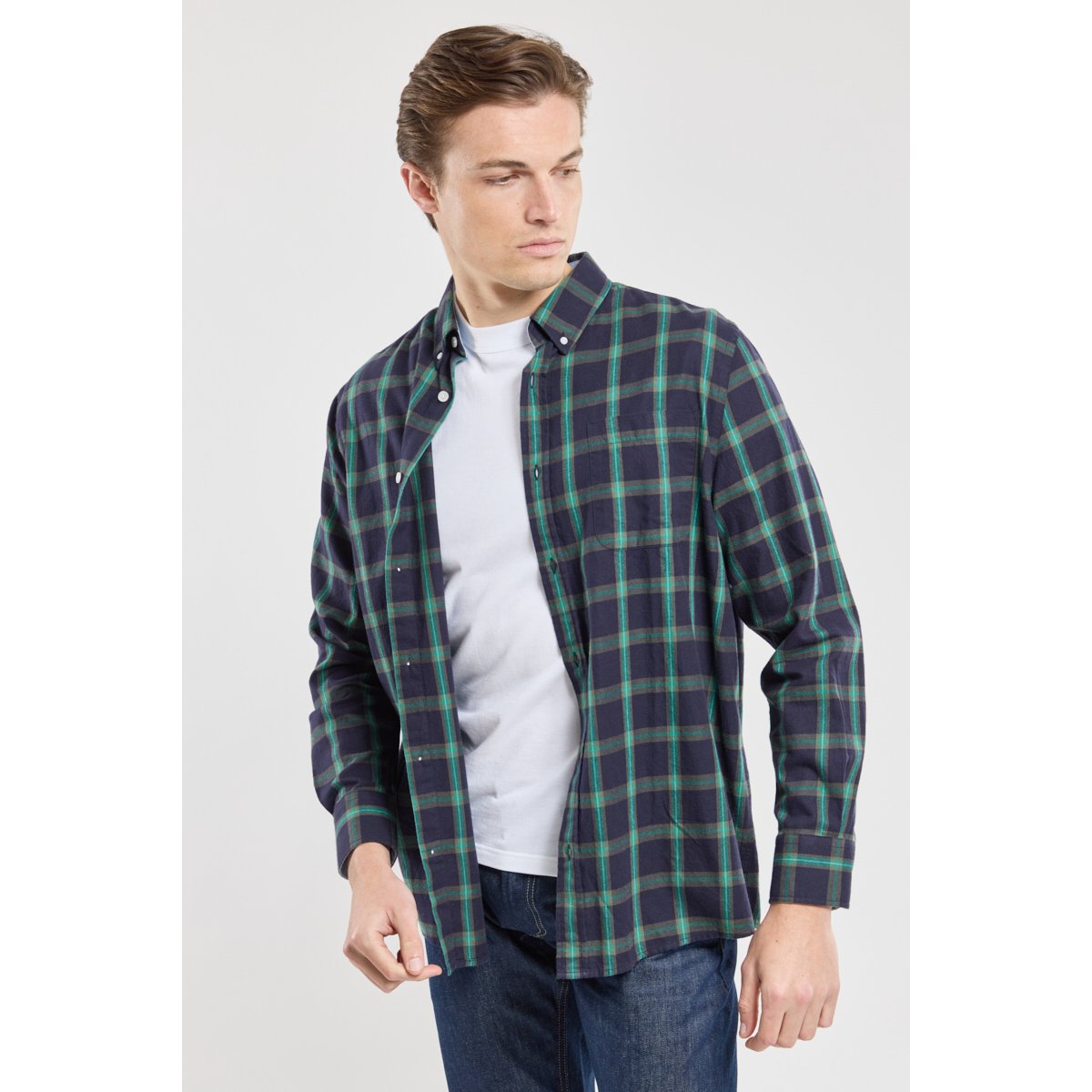 Chemise à carreaux coupe confort en coton carreaux marine deep/aquag, ARMOR-LUX