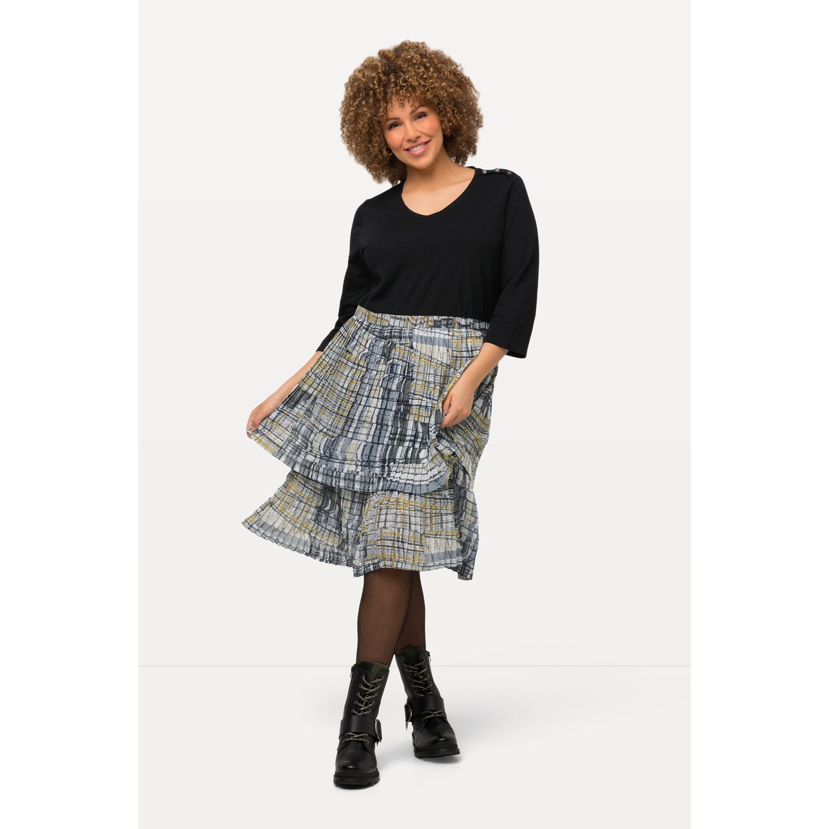 Robe trapèze en jersey, jupe plissée noir, ULLA POPKEN