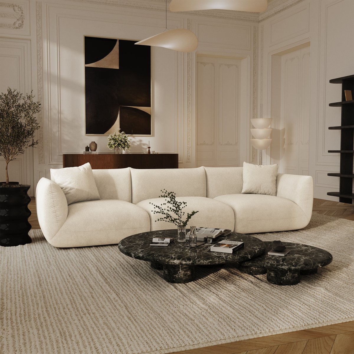 Canapé modulable 5 places en velours chenillé NOOMA crème, SIA HOME