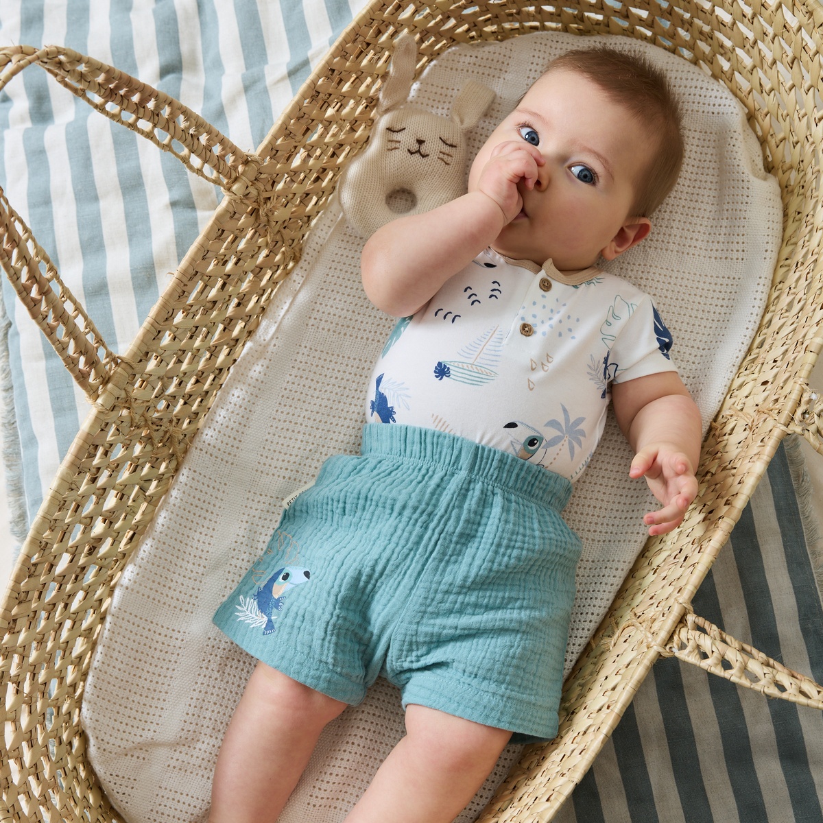 Ensemble body bébé et short en gaze de coton Toucana bleu, PETIT BEGUIN