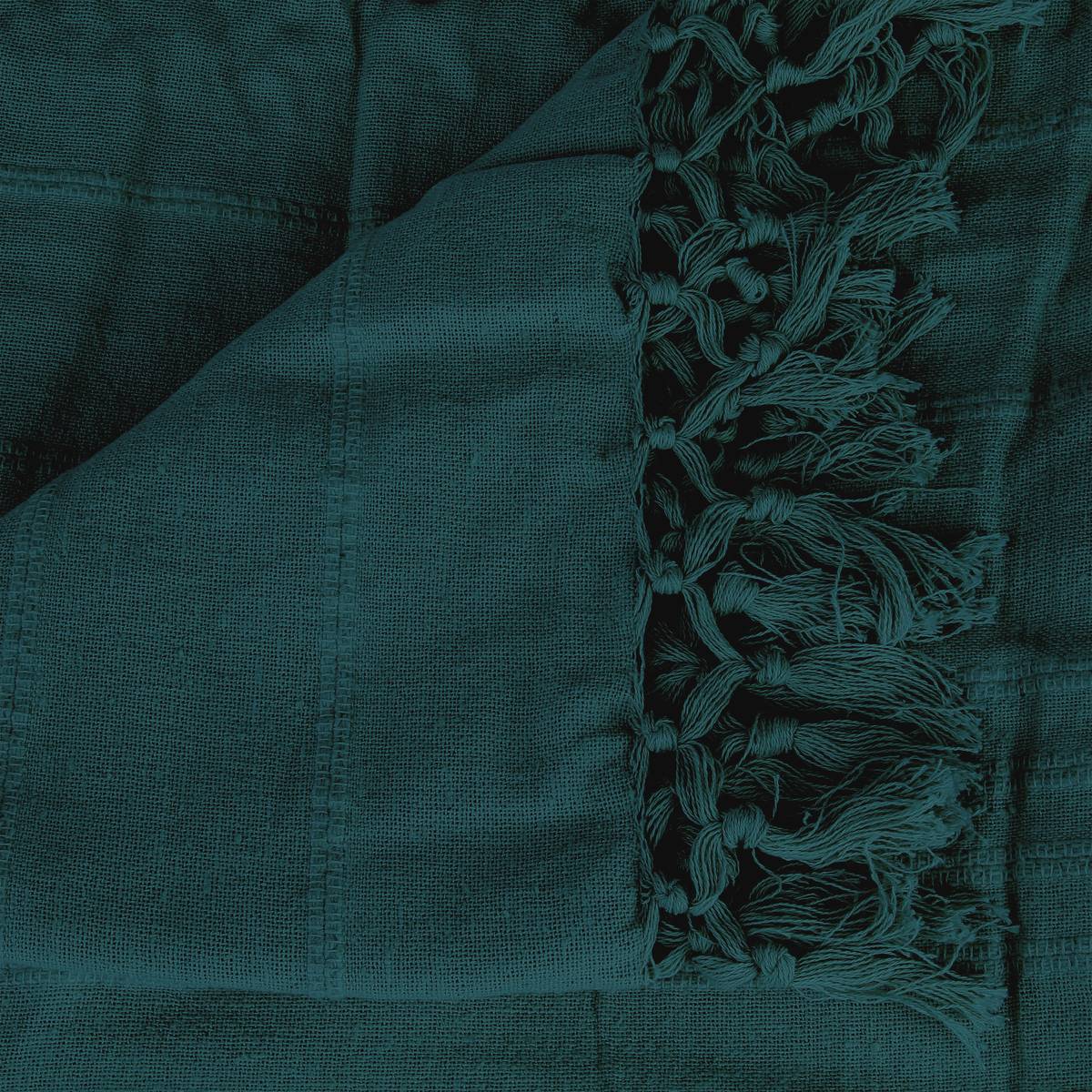 Jeté de lit en coton à franges ANJALI bleu canard, ATMOSPHERA