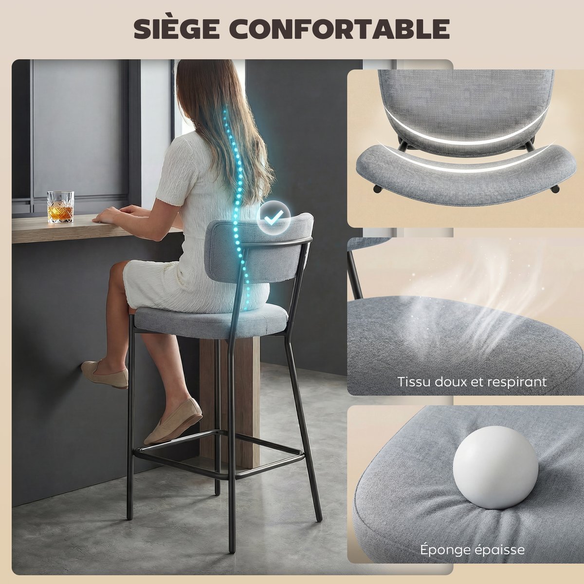 Tabouret de bar Tissu effet lin (100 % gris clair, HOMCOM