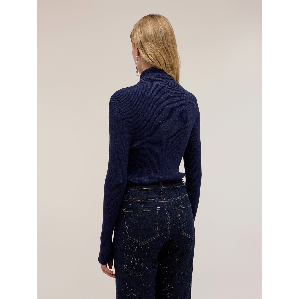 Pull col roulé fin à côtes fil textile bleu, MOTIVI
