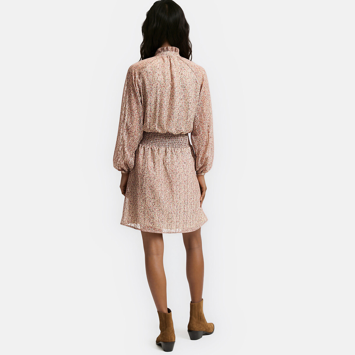 Floral Print Long Sleeve Victorian Collar Mini Dress pink, LA REDOUTE COLLECTIONS